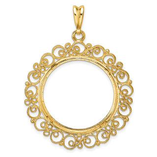 14k Yellow Gold Polished Textured and Diamond-cut Victorian-Style 27.0mm Prong Coin Bezel Pendant - Fits 1/2 oz American Eagle, US $10 Liberty, and Other Coins