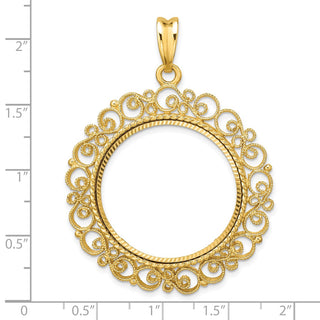14k Yellow Gold Polished Textured and Diamond-cut Victorian-Style 27.0mm Prong Coin Bezel Pendant - Fits 1/2 oz American Eagle, US $10 Liberty, and Other Coins