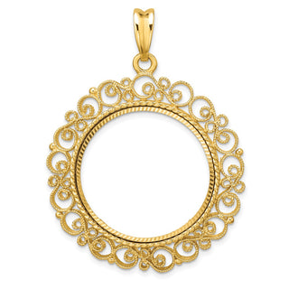 14k Yellow Gold Polished Textured and Diamond-cut Victorian-Style 27.0mm Prong Coin Bezel Pendant - Fits 1/2 oz American Eagle, US $10 Liberty, and Other Coins