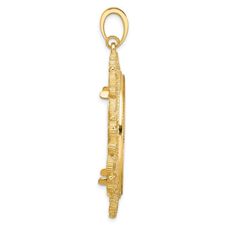 14k Yellow Gold Polished Textured and Diamond-cut Victorian-Style 30.0mm Prong Coin Bezel Pendant - Fits 1 oz Maple Leaf and 1/2 oz Cat
