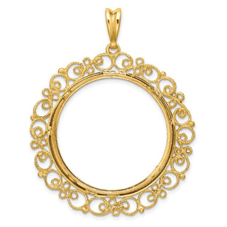14k Yellow Gold Polished Textured and Diamond-cut Victorian-Style 30.0mm Prong Coin Bezel Pendant - Fits 1 oz Maple Leaf and 1/2 oz Cat