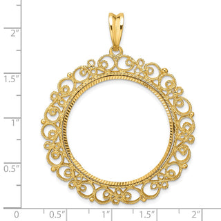 14k Yellow Gold Polished Textured and Diamond-cut Victorian-Style 30.0mm Prong Coin Bezel Pendant - Fits 1 oz Maple Leaf and 1/2 oz Cat