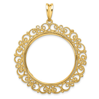 14k Yellow Gold Polished Textured and Diamond-cut Victorian-Style 30.0mm Prong Coin Bezel Pendant - Fits 1 oz Maple Leaf and 1/2 oz Cat
