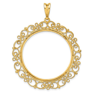 14k Yellow Gold Polished Textured and Diamond-cut Victorian-Style 32.0mm Prong Coin Bezel Pendant - Fits 1 oz Australian Nugget, 1 oz Kangaroo, 1 oz Panda, and Other Coins