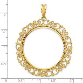 14k Yellow Gold Polished Textured and Diamond-cut Victorian-Style 32.0mm Prong Coin Bezel Pendant - Fits 1 oz Australian Nugget, 1 oz Kangaroo, 1 oz Panda, and Other Coins