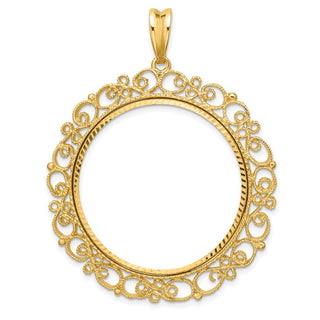 14k Yellow Gold Polished Textured and Diamond-cut Victorian-Style 32.0mm Prong Coin Bezel Pendant - Fits 1 oz Australian Nugget, 1 oz Kangaroo, 1 oz Panda, and Other Coins