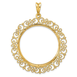 14k Yellow Gold Polished Textured and Diamond-cut Victorian-Style 32.7mm Prong Coin Bezel Pendant - Fits 1 oz American Eagle, 1 oz Cat, and 1 oz Krugerrand