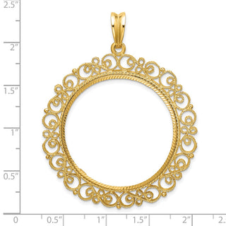 14k Yellow Gold Polished Textured and Diamond-cut Victorian-Style 32.7mm Prong Coin Bezel Pendant - Fits 1 oz American Eagle, 1 oz Cat, and 1 oz Krugerrand