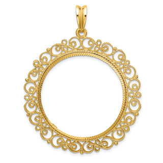 14k Yellow Gold Polished Textured and Diamond-cut Victorian-Style 32.7mm Prong Coin Bezel Pendant - Fits 1 oz American Eagle, 1 oz Cat, and 1 oz Krugerrand