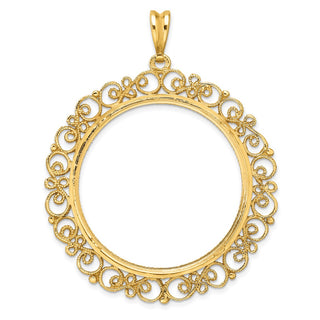 14k Yellow Gold Polished Textured and Diamond-cut Victorian-Style 34.2mm Prong Coin Bezel Pendant - Fits US $20 Liberty and US $20 St. Gaudens