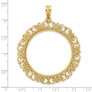 14k Yellow Gold Polished Textured and Diamond-cut Victorian-Style 34.2mm Prong Coin Bezel Pendant - Fits US $20 Liberty and US $20 St. Gaudens