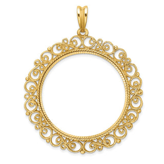 14k Yellow Gold Polished Textured and Diamond-cut Victorian-Style 34.2mm Prong Coin Bezel Pendant - Fits US $20 Liberty and US $20 St. Gaudens