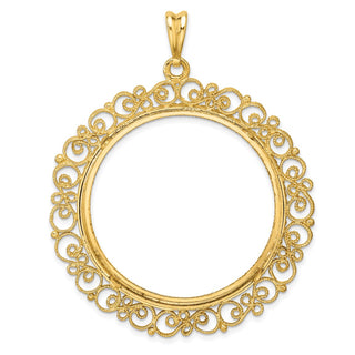 14k Yellow Gold Polished Textured and Diamond-cut Victorian-Style 37.0mm Prong Coin Bezel Pendant - Fits 50 Pesos and Centenario