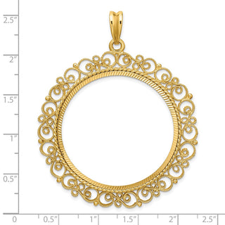 14k Yellow Gold Polished Textured and Diamond-cut Victorian-Style 37.0mm Prong Coin Bezel Pendant - Fits 50 Pesos and Centenario