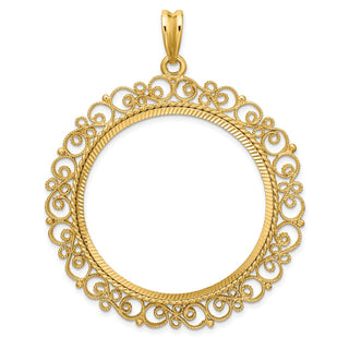 14k Yellow Gold Polished Textured and Diamond-cut Victorian-Style 37.0mm Prong Coin Bezel Pendant - Fits 50 Pesos and Centenario