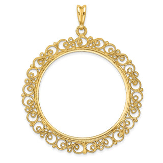 14k Yellow Gold Polished Textured and Diamond-cut Victorian-Style 39.5mm Prong Coin Bezel Pendant - Fits 4 Ducat