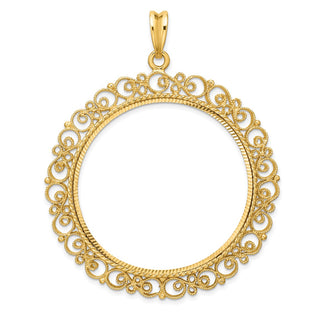 14k Yellow Gold Polished Textured and Diamond-cut Victorian-Style 39.5mm Prong Coin Bezel Pendant - Fits 4 Ducat