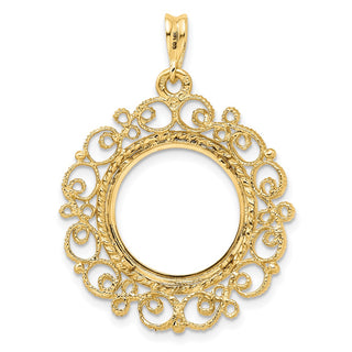 14k Yellow Gold Polished 16.5mm Victorian-style Prong Coin Bezel Pendant - Fits 1/10 oz American Eagle and 1/10 oz Krugerrand