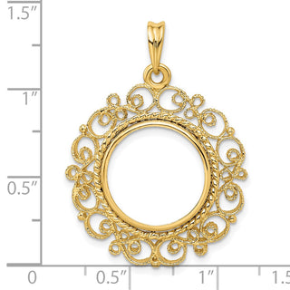 14k Yellow Gold Polished 16.5mm Victorian-style Prong Coin Bezel Pendant - Fits 1/10 oz American Eagle and 1/10 oz Krugerrand