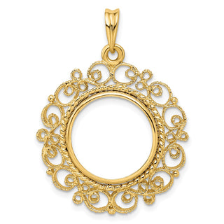 14k Yellow Gold Polished 16.5mm Victorian-style Prong Coin Bezel Pendant - Fits 1/10 oz American Eagle and 1/10 oz Krugerrand