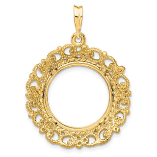 14k Yellow Gold Polished 17.8mm Victorian-style Prong Coin Bezel Pendant - Fits US $2.50 Liberty and Other Coins
