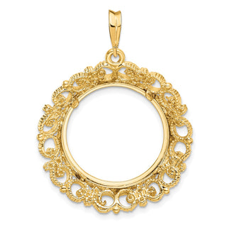 14k Yellow Gold Polished 19.5mm Victorian-style Prong Coin Bezel Pendant - Fits 1 Rand, 10 Mark Friedrich, Half Sovereign, and Other Coins