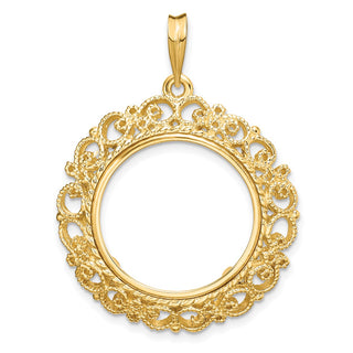 14k Yellow Gold Polished 19.5mm Victorian-style Prong Coin Bezel Pendant - Fits 1 Rand, 10 Mark Friedrich, Half Sovereign, and Other Coins