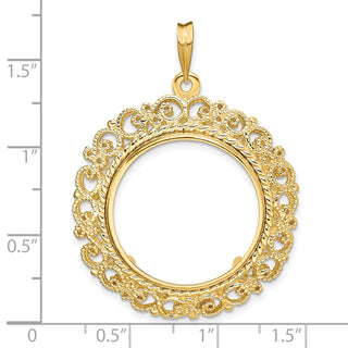 14k Yellow Gold Polished 21.6mm Victorian-style Prong Coin Bezel Pendant - Fits US $5 Bald Eagle, US $5 Congressional, US $5 Liberty, and Other Coins
