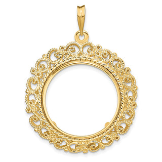 14k Yellow Gold Polished 21.6mm Victorian-style Prong Coin Bezel Pendant - Fits US $5 Bald Eagle, US $5 Congressional, US $5 Liberty, and Other Coins