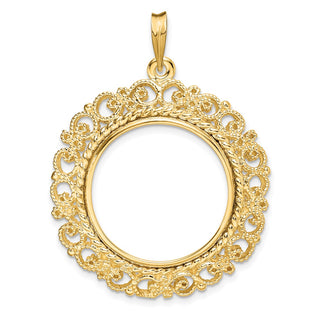 14k Yellow Gold Polished 22mm Victorian-style Prong Coin Bezel Pendant - Fits 1/4 oz American Eagle and Other Coins