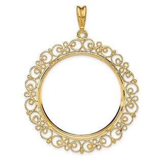 14k Yellow Gold Polished 32.7mm Victorian-style Prong Coin Bezel Pendant - Fits 1 oz American Eagle, 1 oz Cat, and 1 oz Krugerrand