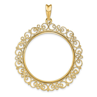 14k Yellow Gold Polished 32.7mm Victorian-style Prong Coin Bezel Pendant - Fits 1 oz American Eagle, 1 oz Cat, and 1 oz Krugerrand