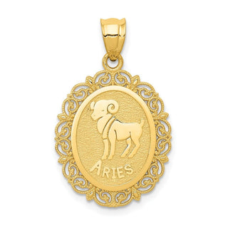 14k Yellow Gold Solid Satin Polished Aries Zodiac Oval Pendant