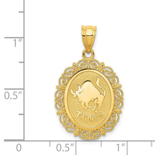 14k Yellow Gold Solid Satin Polished Taurus Zodiac Oval Pendant