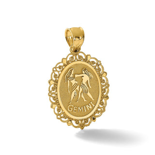 14k Yellow Gold Solid Satin Polished Gemini Zodiac Oval Pendant