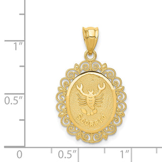 14k Yellow Gold Solid Satin Polished Scorpio Zodiac Oval Pendant