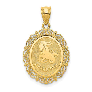 14k Yellow Gold Solid Satin Polished Capricorn Zodiac Oval Pendant
