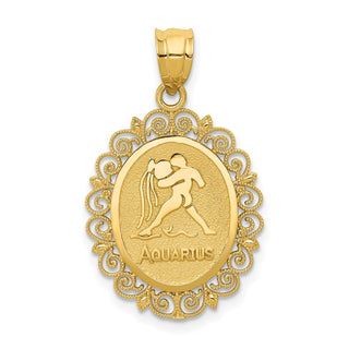 14k Yellow Gold Solid Satin Polished Aquarius Zodiac Oval Pendant