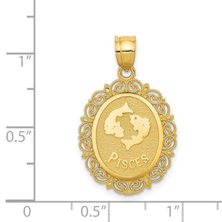 14k Yellow Gold Solid Satin Polished Pisces Zodiac Oval Pendant