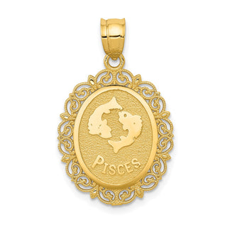 14k Yellow Gold Solid Satin Polished Pisces Zodiac Oval Pendant