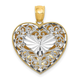 14k Yellow and White Gold Filigree and Basket Weave Reversible Heart Pendant
