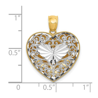 14k Yellow and White Gold Filigree and Basket Weave Reversible Heart Pendant