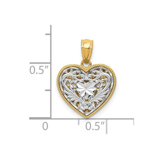 14k Yellow and White Gold Reversible Filigree Heart Pendant