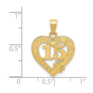 14k Yellow Gold 15 in QUINCE ANOS Heart Frame Pendant