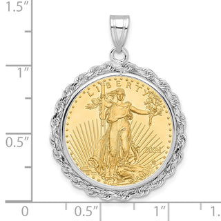 14k White Gold Polished Rope Mounted 1/4oz American Eagle Prong Coin Bezel Pendant