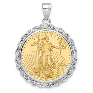 14k White Gold Polished Rope Mounted 1/4oz American Eagle Prong Coin Bezel Pendant