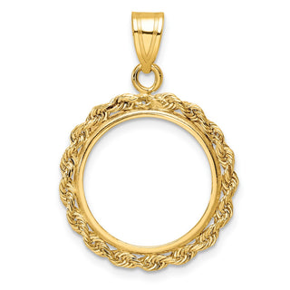 14k Yellow Gold 2mm Rope Edge 16mm Prong Coin Bezel Pendant - Fits 1/10 oz Maple Leaf, Maple Leaf, and Other Coins