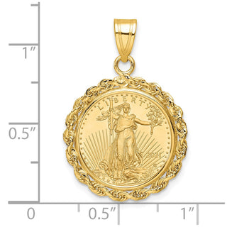 14k Yellow Gold Polished Rope Mounted 1/10oz American Eagle Prong Coin Bezel Pendant