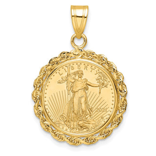14k Yellow Gold Polished Rope Mounted 1/10oz American Eagle Prong Coin Bezel Pendant