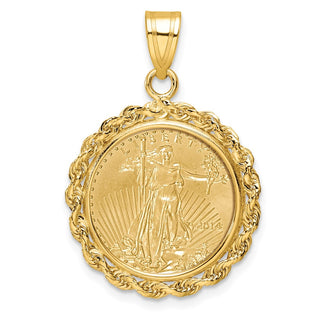 14k Yellow Gold Polished Rope Mounted 1/10oz American Eagle Prong Coin Bezel Pendant